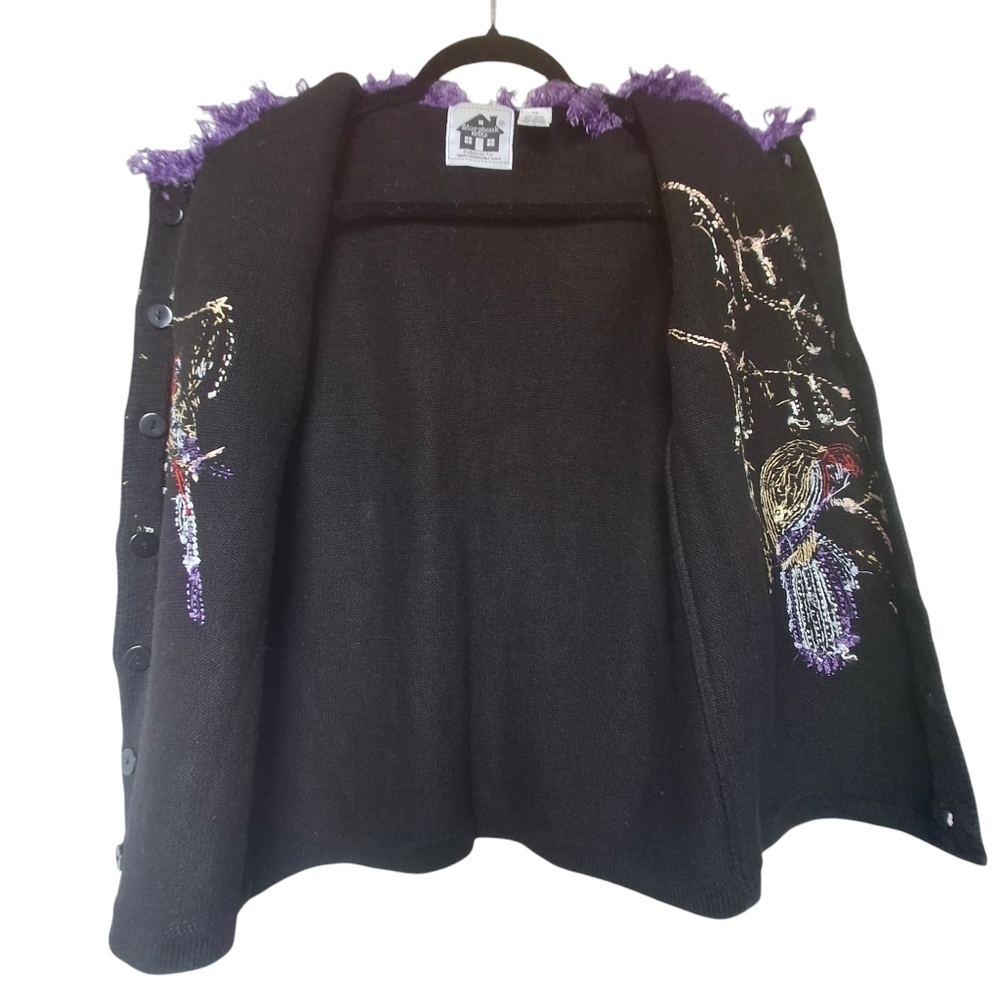 Storybook Knit Black Embellished Cardigan Sweater "Parrot Fancy"  Women Size XS - Picture 10 of 14